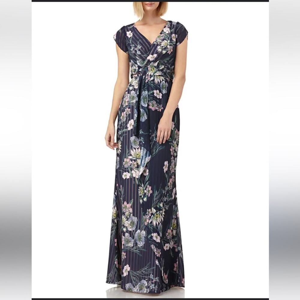 Kay Unger Floral-Print Striped Chiffon Tulip-Sleeve Blouson Gown